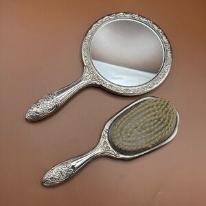 Vintage Art Nouveau Silver Tone Plated Mirror Brush Vanity Dresser Set